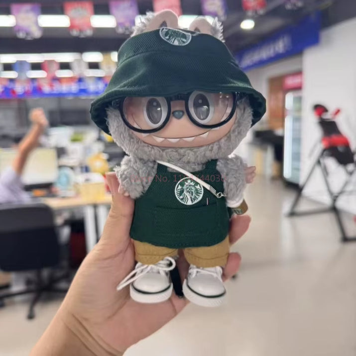 17cm Labubu V1/V2/V3 Fashionable Workwear Set with Coffee-Themed Doll Clothing, Accessories, and Shoes