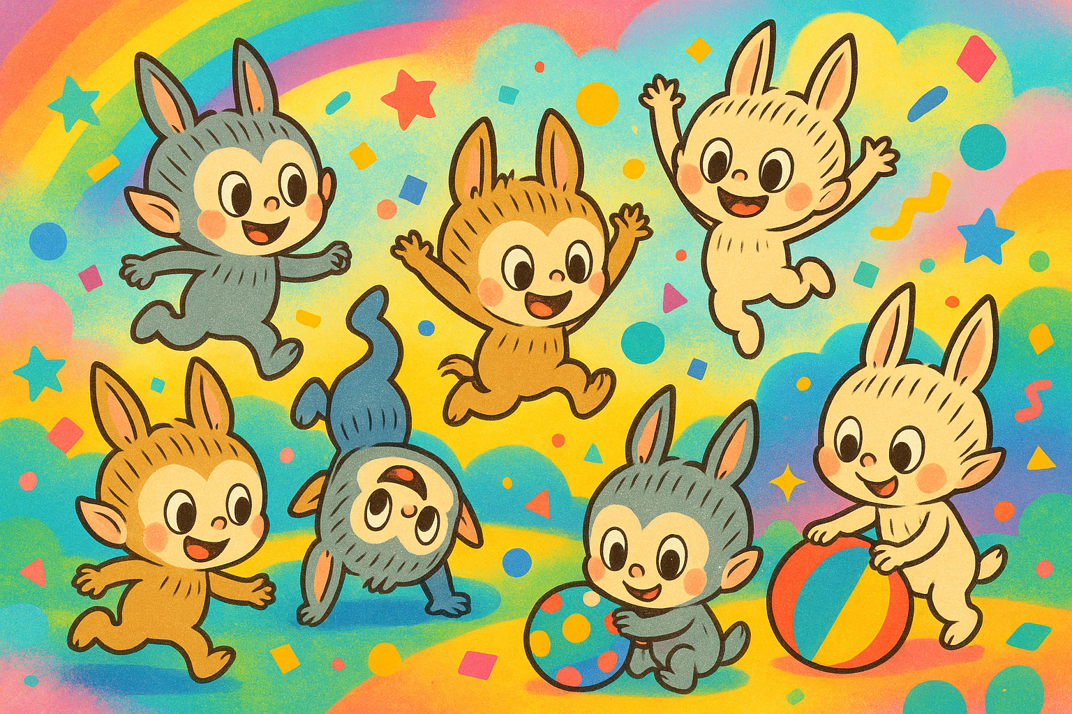 a colorful background with 5-10 labubu's playing