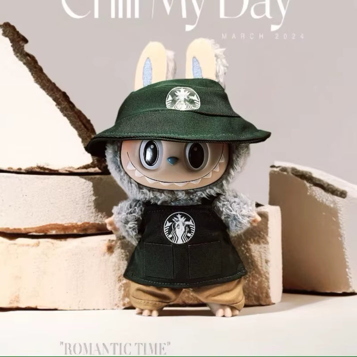 17cm Labubu V1/V2/V3 Fashionable Workwear Set with Coffee-Themed Doll Clothing, Accessories, and Shoes