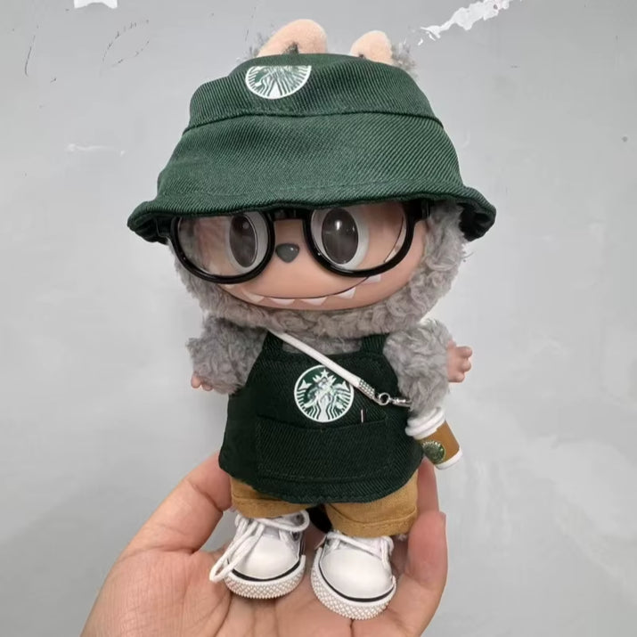 17cm Labubu V1/V2/V3 Fashionable Workwear Set with Coffee-Themed Doll Clothing, Accessories, and Shoes